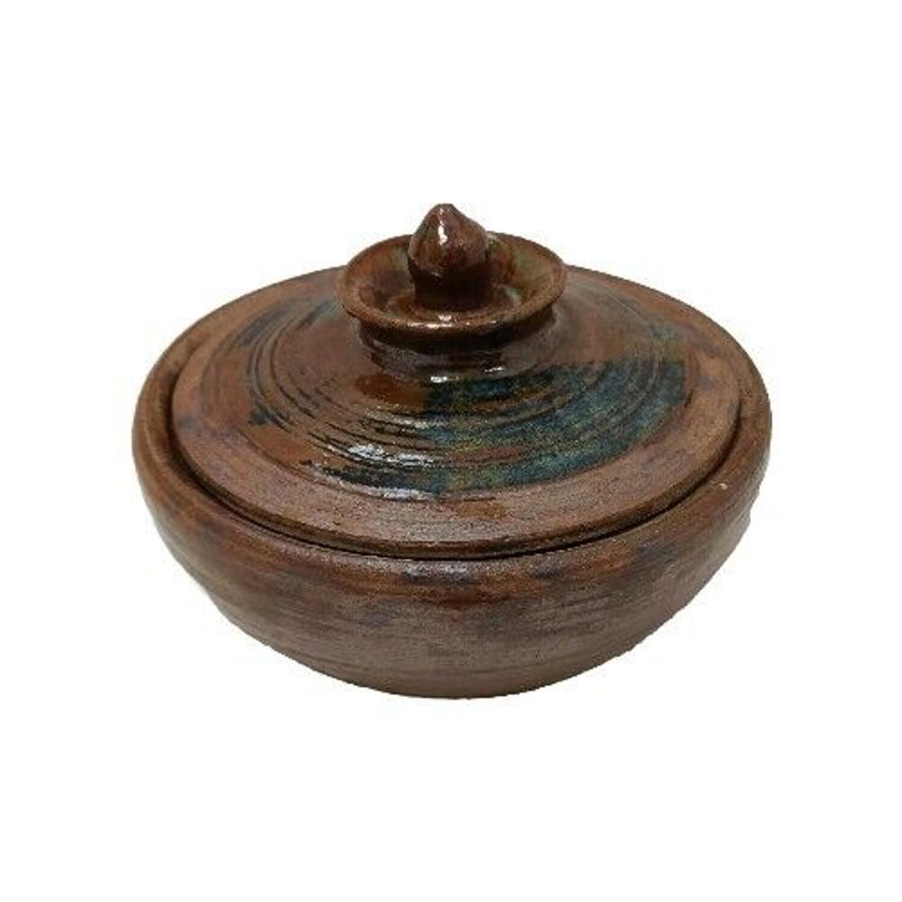 Tureen Glazed Pottery Bowl 7.5" w Tulip Lid Brown Art Deco Container Rustic Boho